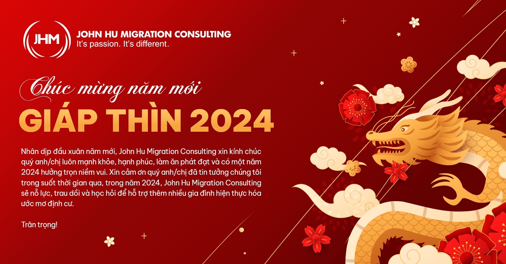 John Hu Migration kính chúc quý khách hàng năm mới Giáp Thìn 2024 sức khỏe, an khang thịnh vượng