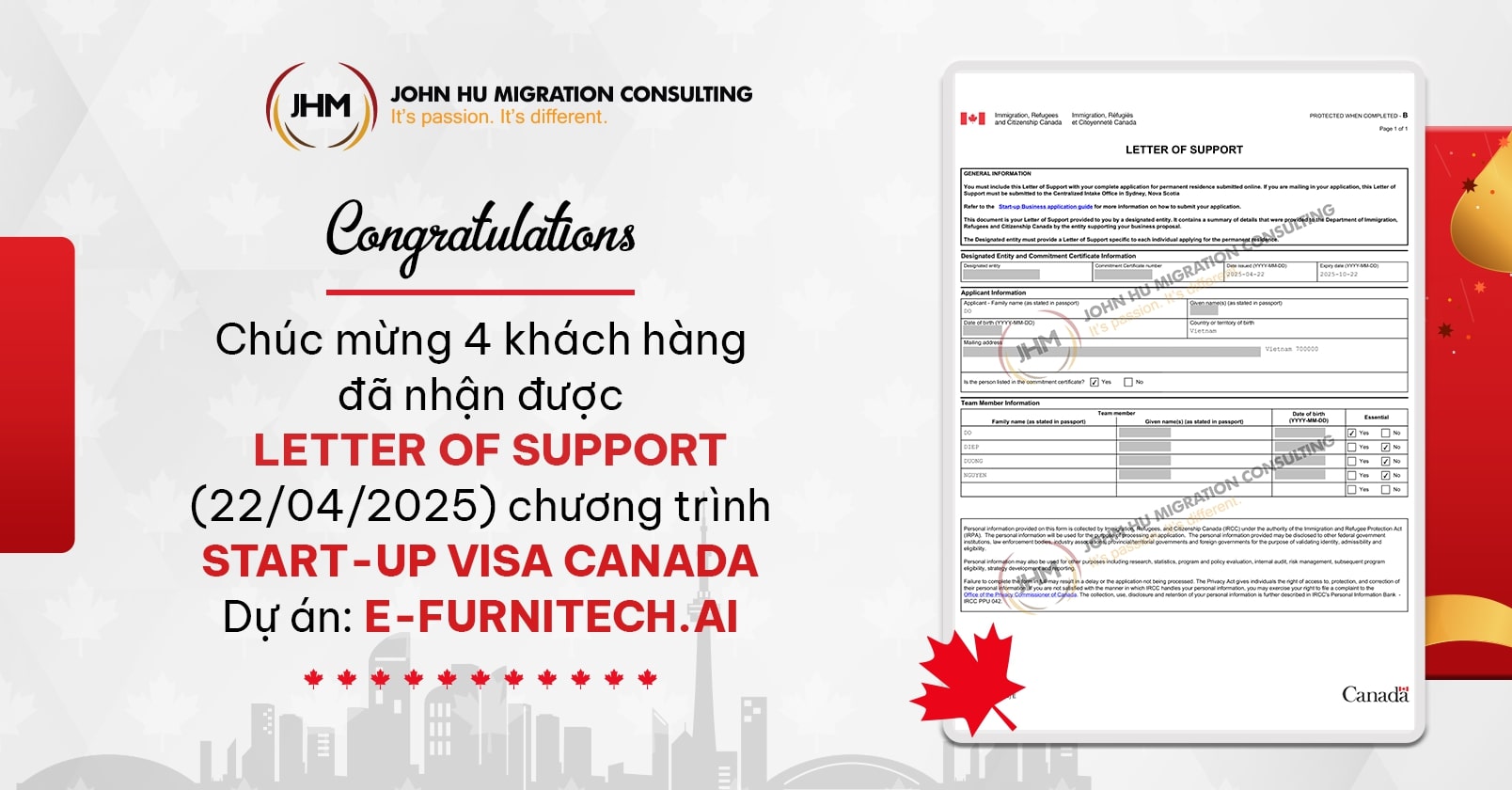 Chúc mừng 4 khách hàng nhận được Letter of Support ngày 25042025 – chương trình Start-up Visa Canada_John Hu Migration