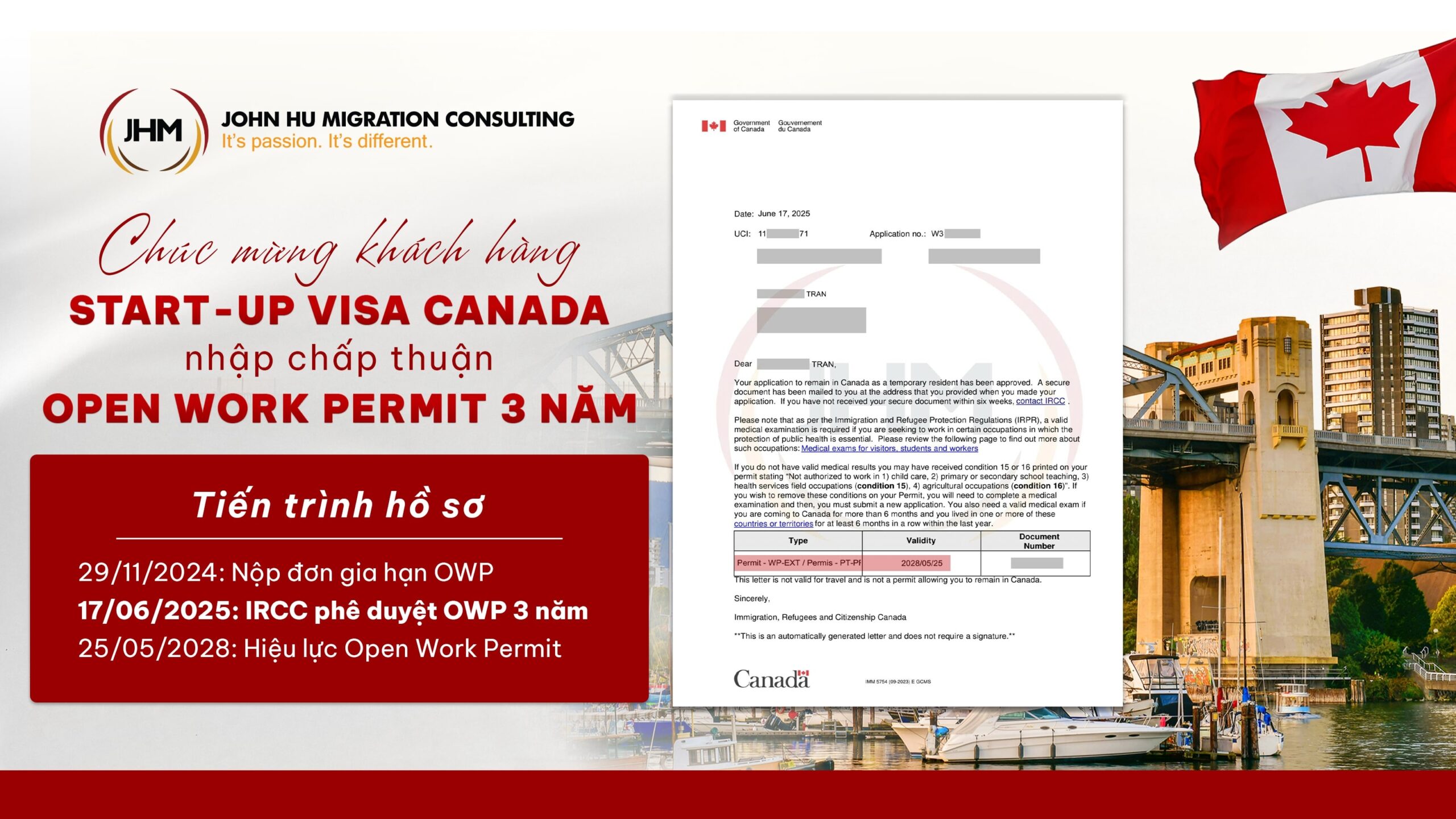 Chúc mừng khách hàng Start-up Visa Canada nhận chấp thuận Open Work Permit 3 năm_John Hu Migration