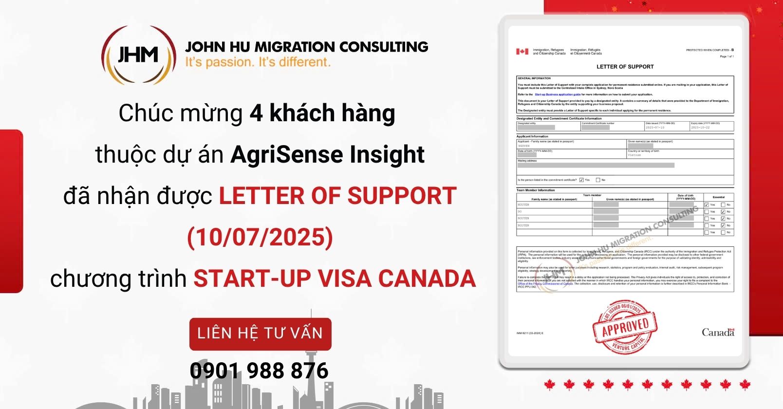 Chúc mừng 4 khách hàng nhận Letter of Support chương trình Start-up Visa Canada Dự án AgriSense Insight