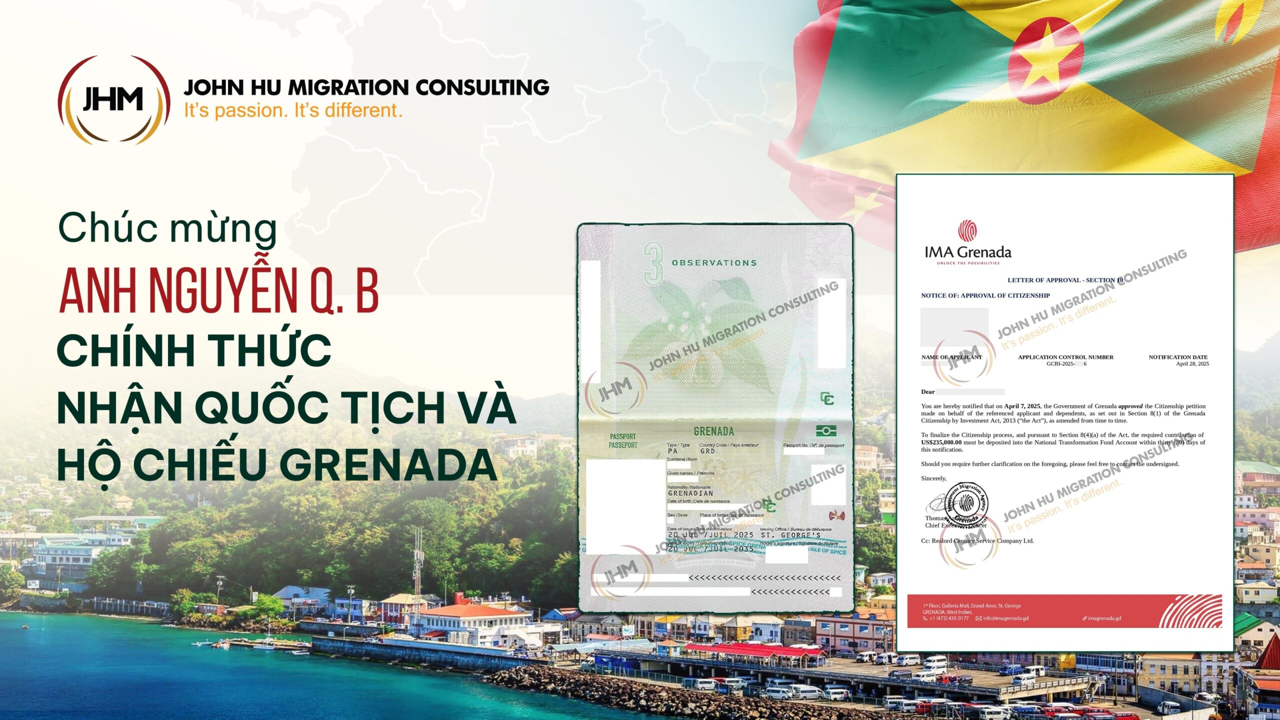 Chúc mừng anh Nguyễn Q. B chính thức nhận hộ chiếu quốc tịch Grenada_John Hu Migration
